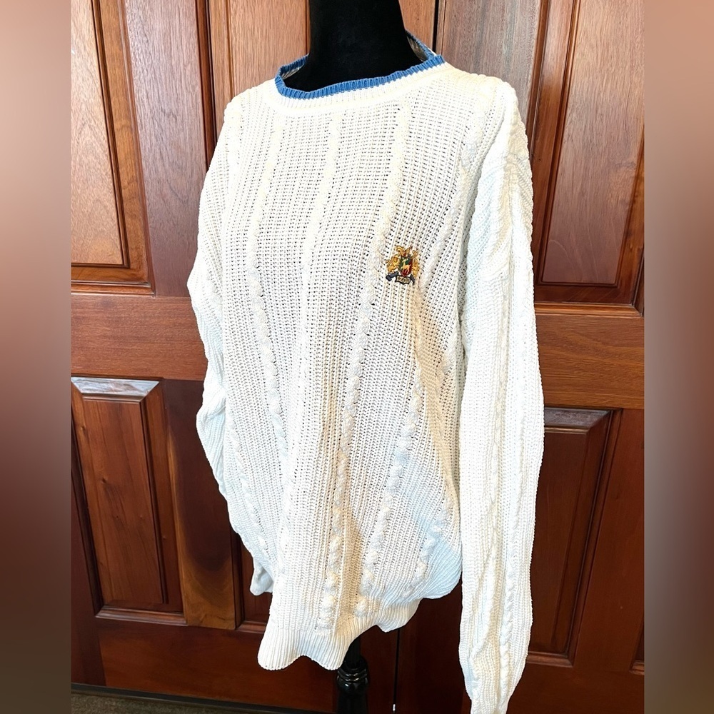 Vintage Izod Crest Logo Cable Knit Oversized Cotton Sweater XL Preppy Grandpa